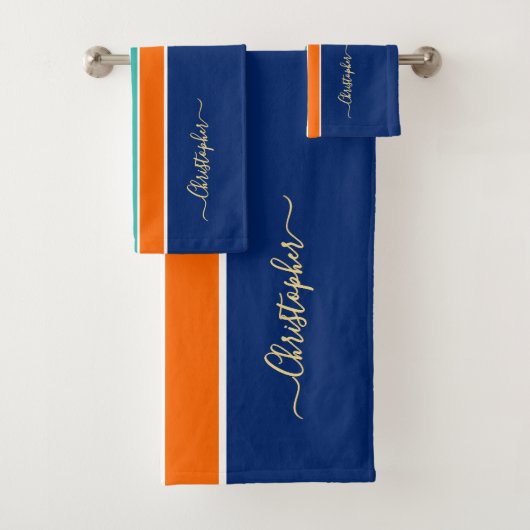 Marine Blue Orange Racing Stripes Faux Gold Monogr (En situation)