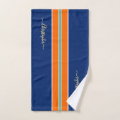 Marine Blue Orange Racing Stripes Faux Gold Monogr (Serviette à main)