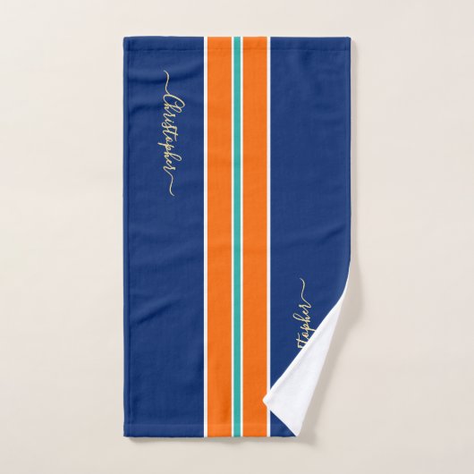 Marine Blue Orange Racing Stripes Faux Gold Monogr (Serviette à main)