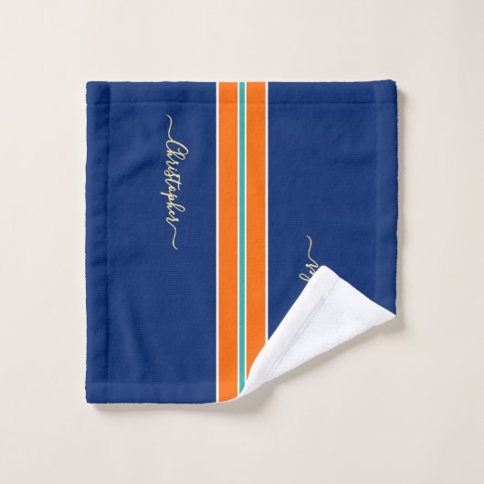 Marine Blue Orange Racing Stripes Faux Gold Monogr (Gant de toilette)