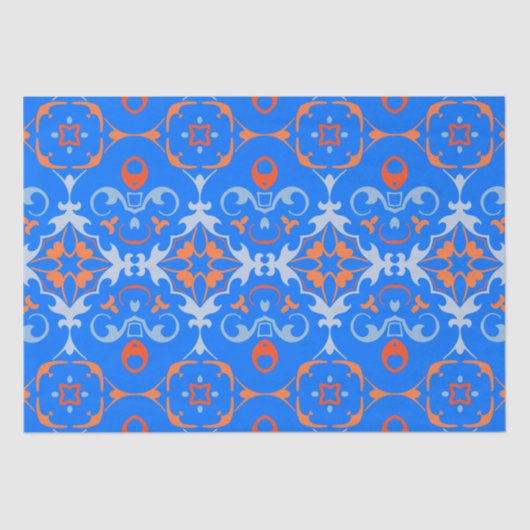 Marine Blue Oranje Etnic Boho Damask Pattern Tissuepapier (Voorkant)