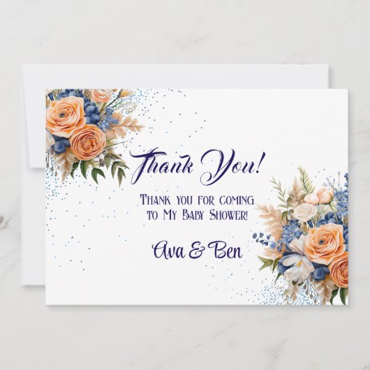 Marine Blue Peach Floral Mariage Merci Cartes (Devant)