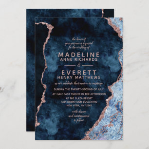 Marine Blue & Rose Gold Agate Mariage Invitations