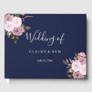 Marine Blue & Rose Gold Floral Mariage Livre d'or