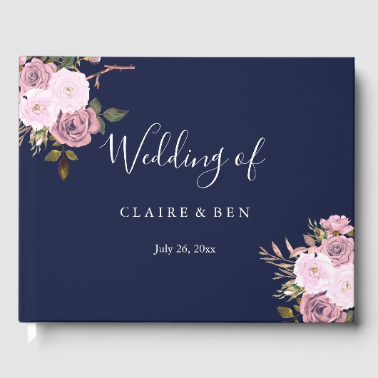 Marine Blue & Rose Gold Floral Mariage Livre d'or (Recto)