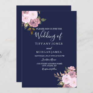 Marine Blue & Rose Gold Floral Wedding Invitation