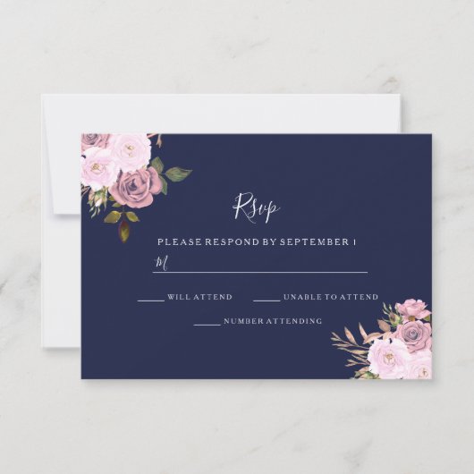 Marine Blue & Rose Gold Floral Wedding RSVP (Devant)