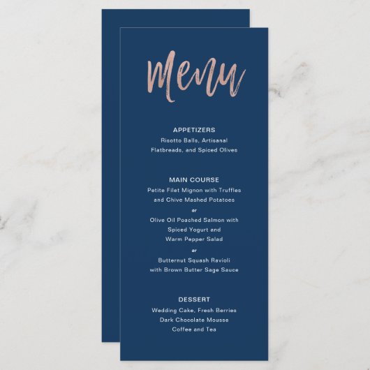 Marine Blue & Rose Gold glam Chic Mariage Menu (Devant / Derrière)