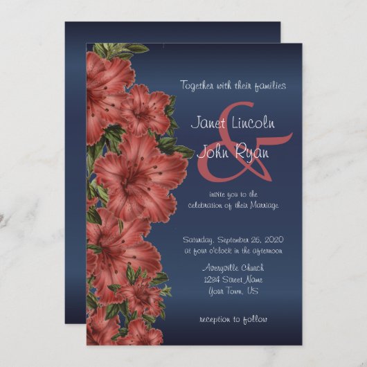 Marine Blue & Rustic Red Floral Invitations de mar (Devant / Derrière)