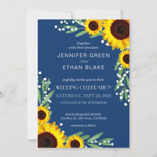 Marine Blue Rustic Sunflower Invitations de mariag (Devant)
