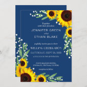 Marine Blue Rustic Sunflower Invitations de mariag (Devant / Derrière)