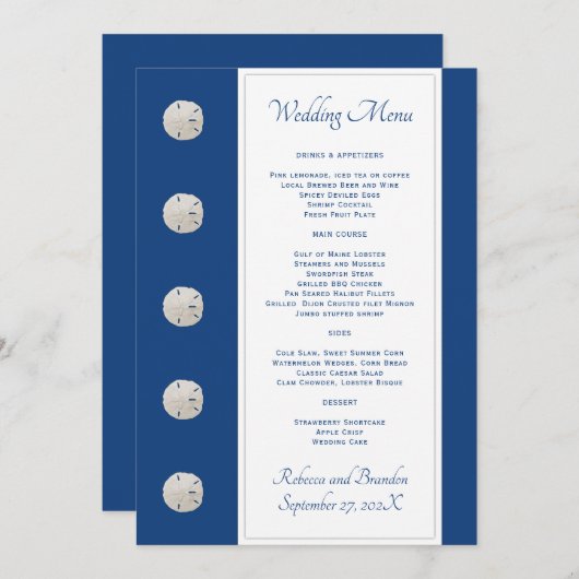 Marine Blue Sand Dollars Mariage Menu Modèle (Devant / Derrière)