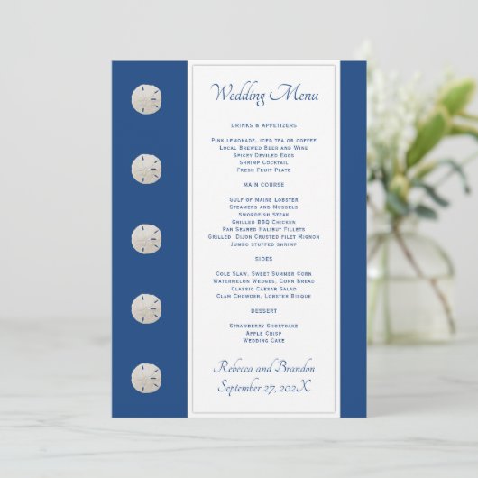 Marine Blue Sand Dollars Mariage Menu Modèle (Debout devant)