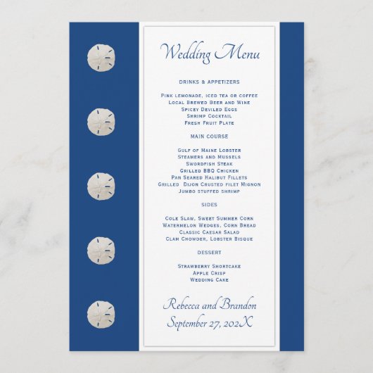 Marine Blue Sand Dollars Mariage Menu Modèle (Devant)