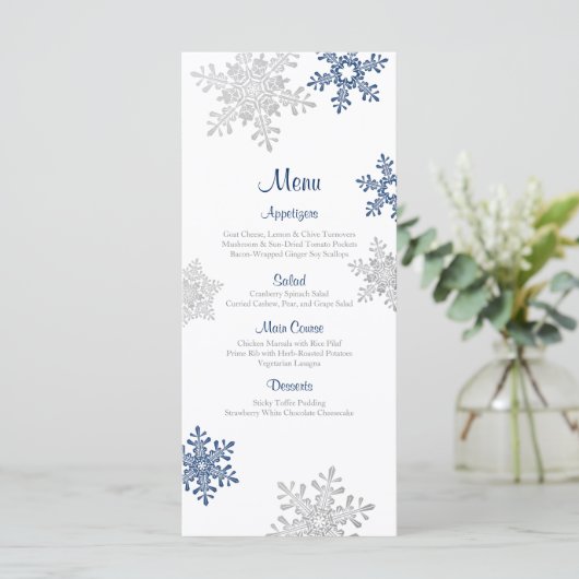 Marine Blue Silver Snowflake Winter Wedding Menu (Debout devant)