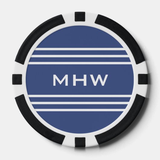 Marine Blue Stripes aangepaste monogram poker chip (Voorkant)