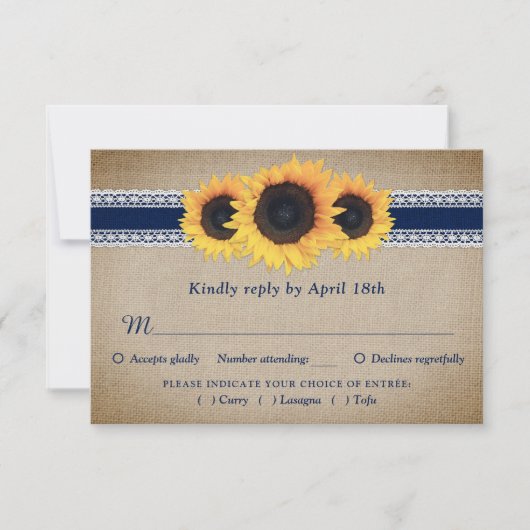 Marine Blue Sunflower Mariage RSVP Carte choix de  (Devant)