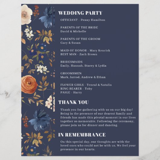 Marine Blue Terracotta Bohemian Wedding Programme (Dos)