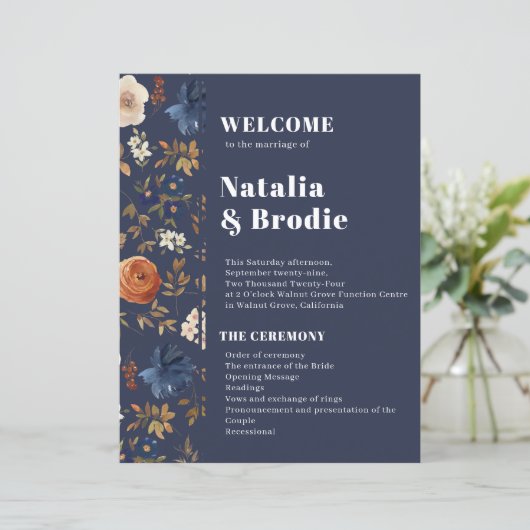 Marine Blue Terracotta Bohemian Wedding Programme (Debout devant)