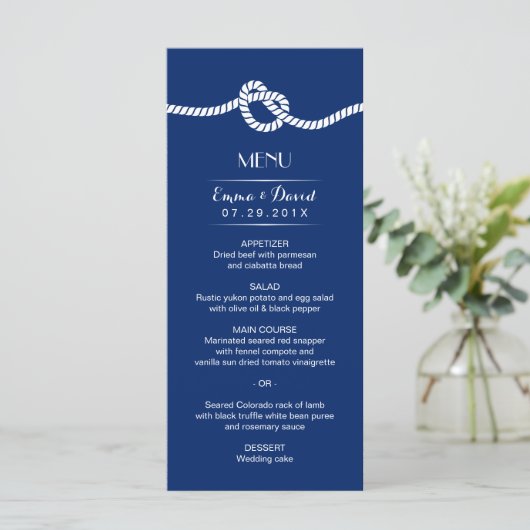 Marine Blue Tying Knot Menu Mariage nautique (Debout devant)