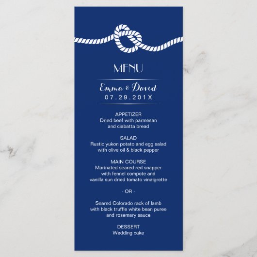 Marine Blue Tying Knot Menu Mariage nautique (Devant)