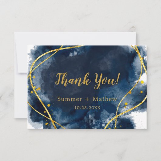 Marine Blue Watercolor Gold Mariage Merci Cartes (Devant)