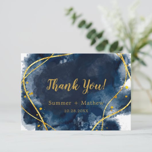 Marine Blue Watercolor Gold Mariage Merci Cartes (Debout devant)