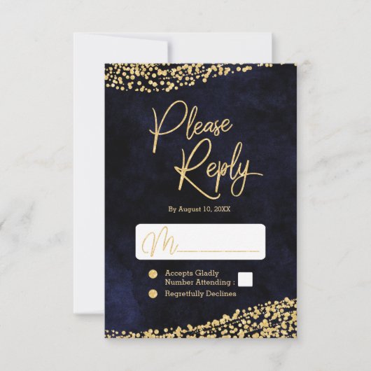 Marine Blue Watercolor & Gold Mariage Réponse RSVP (Devant)
