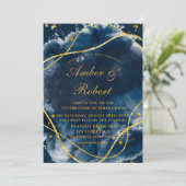 Marine Blue Watercolor Gold Wedding Invitations (Debout devant)
