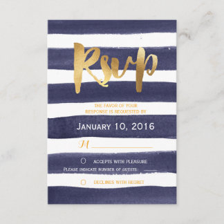 Marine Blue Watercolor Stripes Gold Wedding RSVP