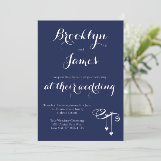 Marine Blue Wedding Invitations Coeurs (Debout devant)