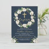 Marine Blue Winter Floral Girl Baptême Invitation (Debout devant)