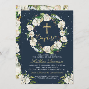 Marine Blue Winter Floral Girl Baptême Invitation