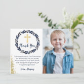 Marine Blue Wreath Gold Communion Carte de remerci (Debout devant)