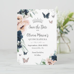 Marine Blush Bloemen Zilveren Vlinders Quinceañera Save The Date