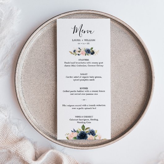 Marine Blush Floral or Feuille menu Mariage