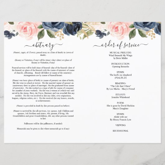 Marine Blush Floral Photo Funeral Programme comple (Dos)