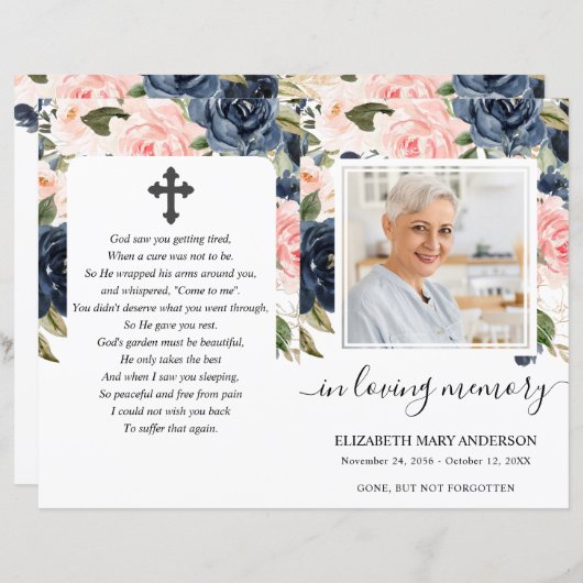 Marine Blush Floral Photo Funeral Programme comple (Devant / Derrière)