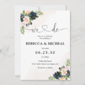 Marine & Blush Roze Bloemen Bruiloft Uitnodiging (Voorkant)