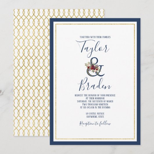 Marine + Bourgogne + Gold Floral Faire-part de mar (Devant / Derrière)