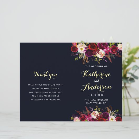 Marine Bourgogne Marsala Boho Programme de mariage (Debout devant)