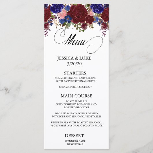 Marine Bourgondië Floral Wedding Calligrafie Menu (Voorkant)