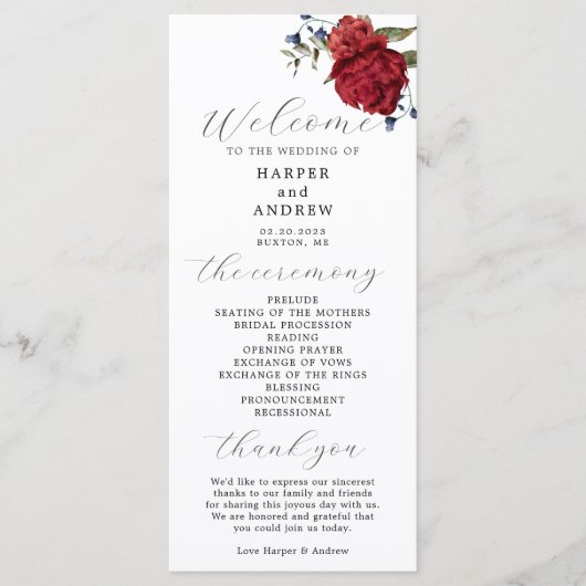 Marine Bourgondië Floral Wedding Ceremony Programm Programma (Voorkant)