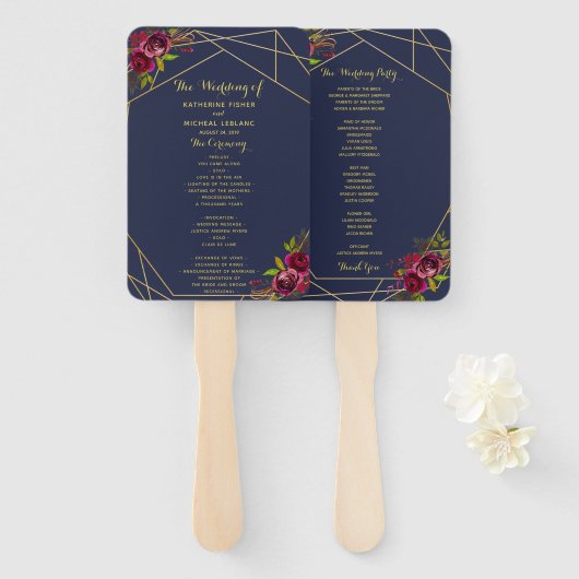 Marine Bourgondië Floral Wedding Program Fan Handwaaier (Voorkant en achterkant)