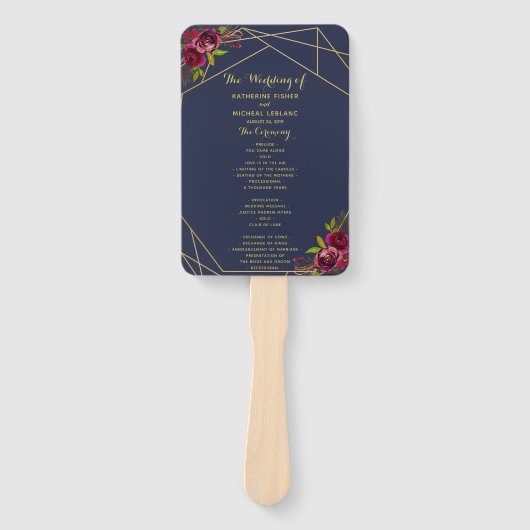 Marine Bourgondië Floral Wedding Program Fan Handwaaier (Voorkant)