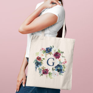 Marine Bourgondische Waterverf Bloemige Initiaal Tote Bag