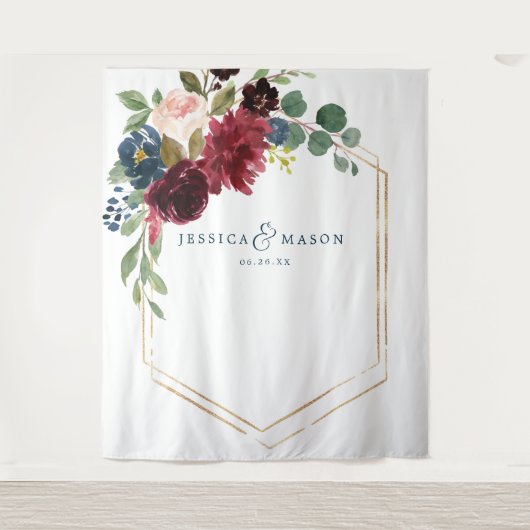 Marine Burgundy Bloemige Trouwdecoratie Achtergron Wandkleed (Voorkant)