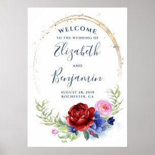 Marine Burgundy Blush Floral Mariage Affiche de bi