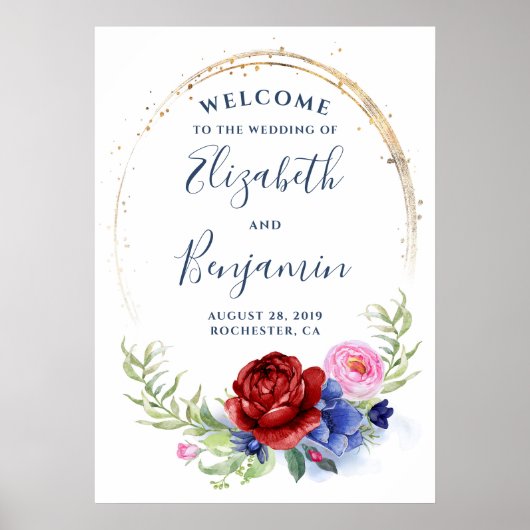 Marine Burgundy Blush Floral Mariage Affiche de bi (Devant)