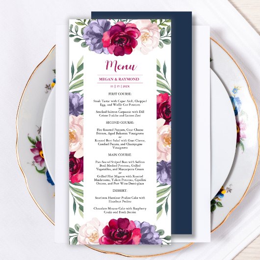 Marine Burgundy Blush Floral Mariage Menu